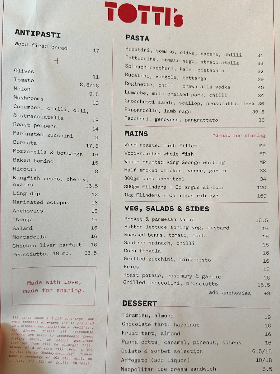 Menu, Totti's Lorne