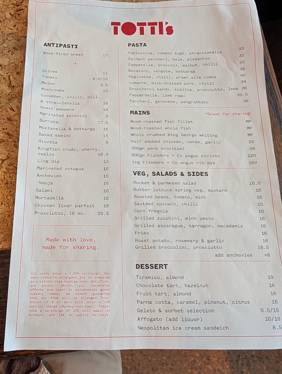 Menu, Totti's Lorne