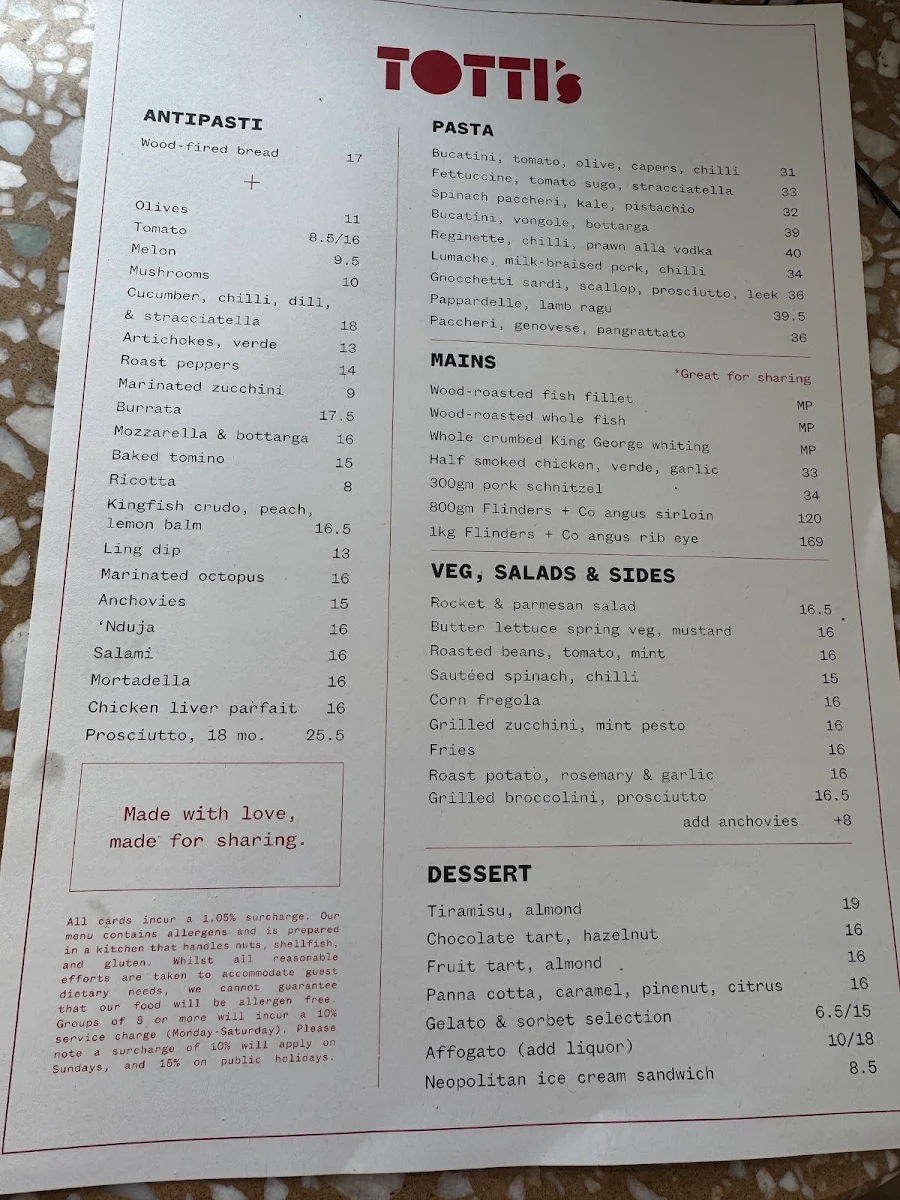 Menu, Totti's Lorne