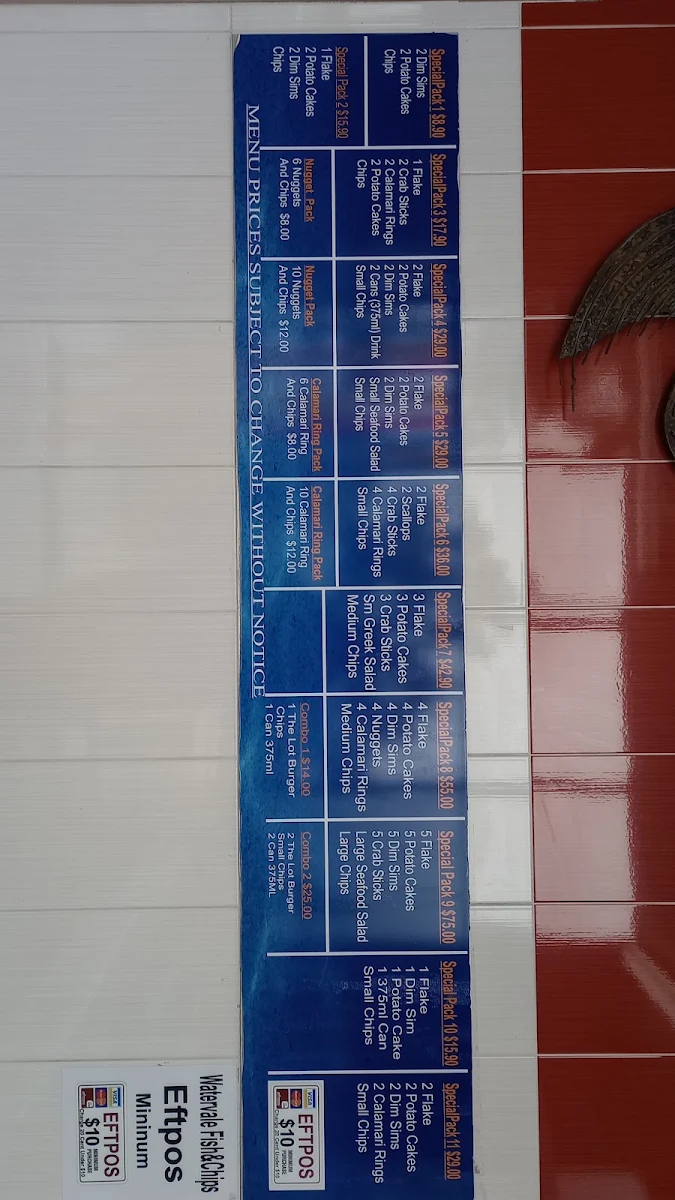 Menu, Watervale Fish & Chips Taylors