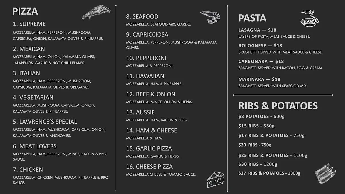 Menu, Lawrence's Pizza