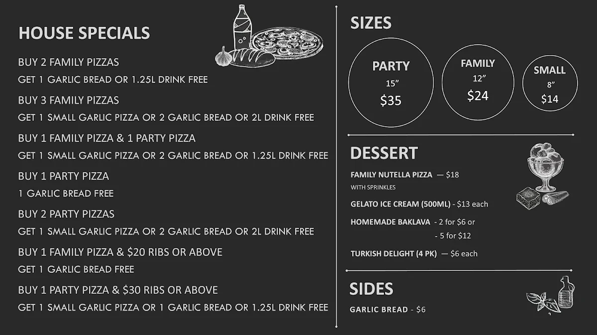 Menu, Lawrence's Pizza