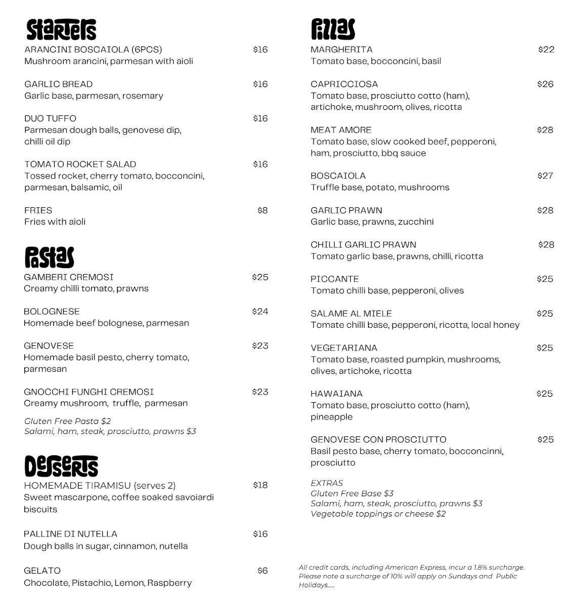 Menu, Lupo's Pizza Pasta