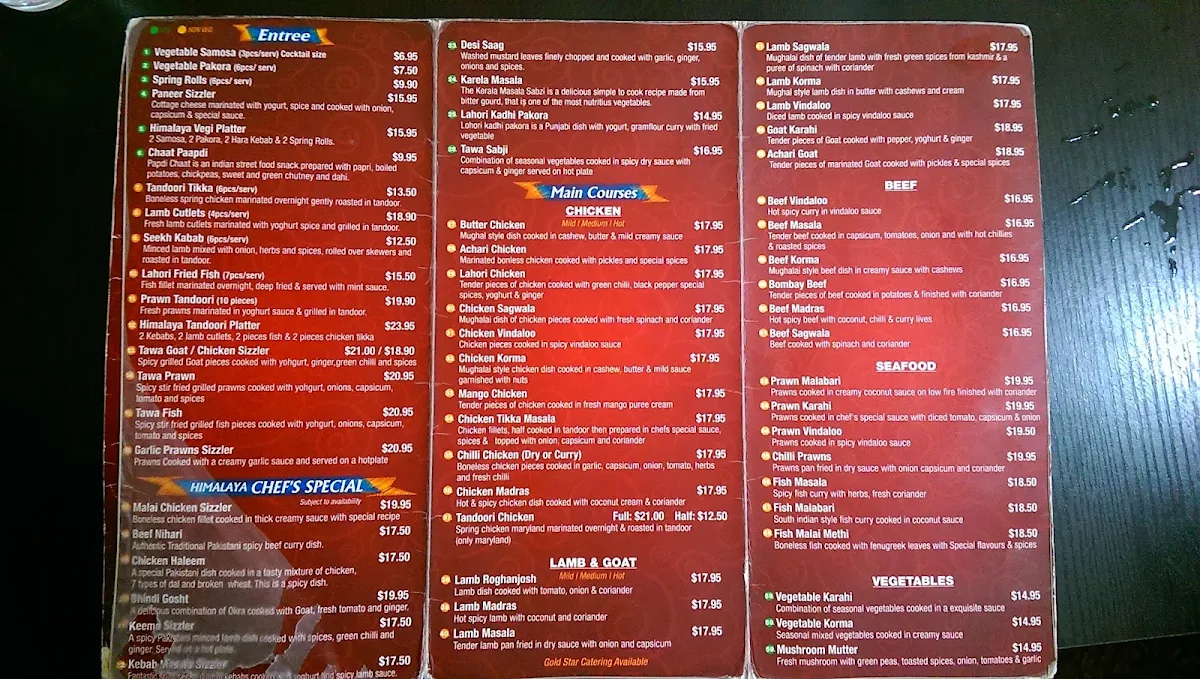 Menu, Himalaya Restaurant Granville