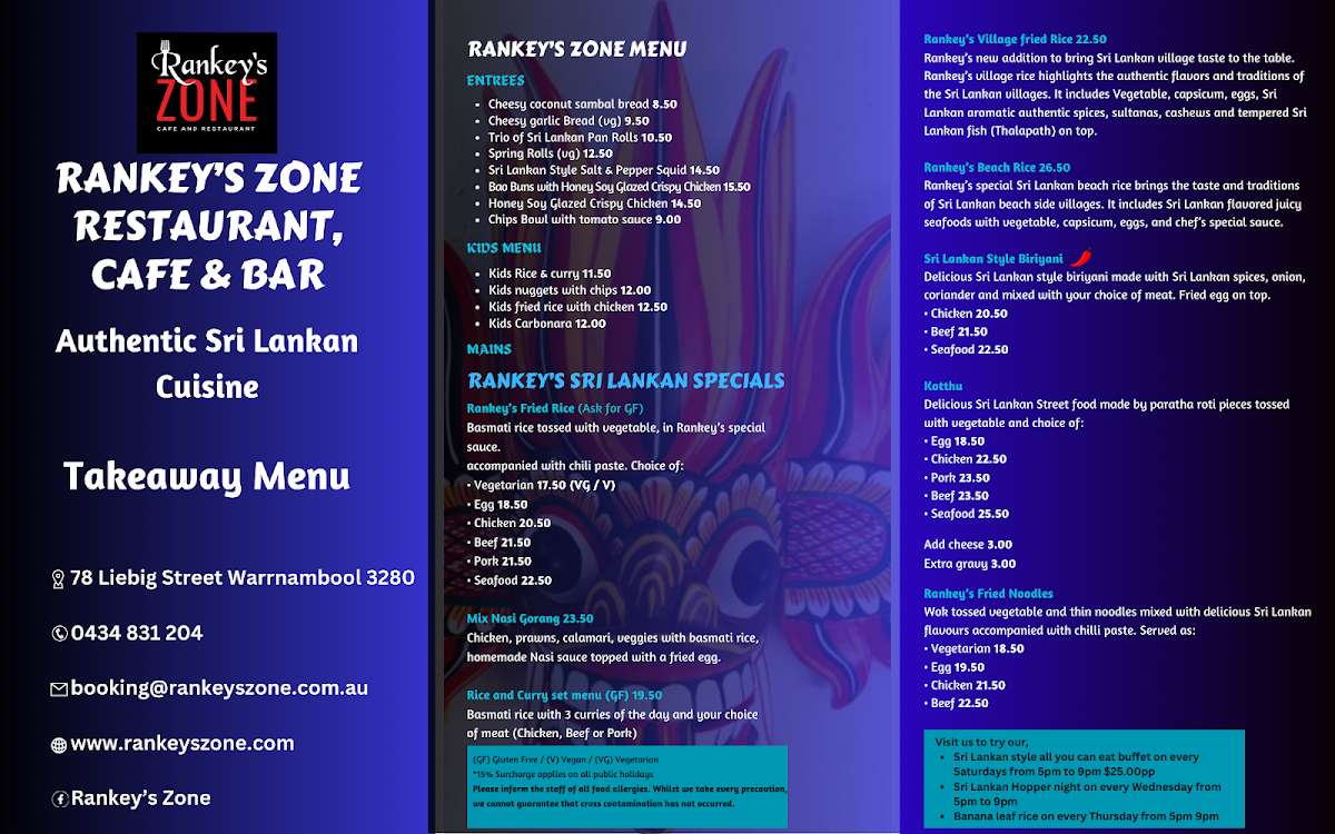 Menu, Sri Lankan Rankey's Zone Restaurant Cafe & Bar
