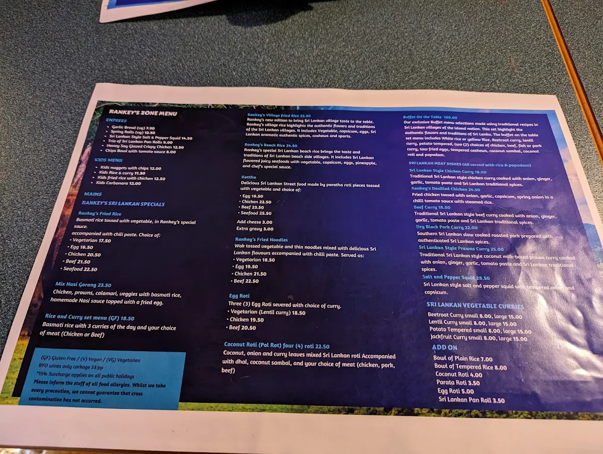 Menu, Sri Lankan Rankey's Zone Restaurant Cafe & Bar