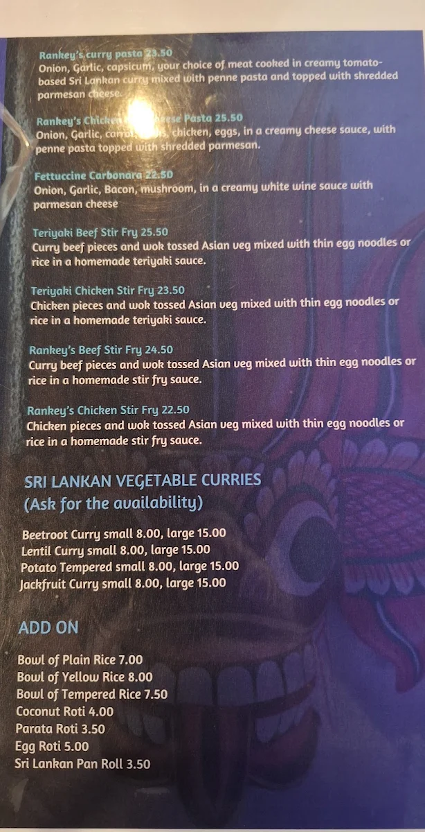 Menu, Sri Lankan Rankey's Zone Restaurant Cafe & Bar