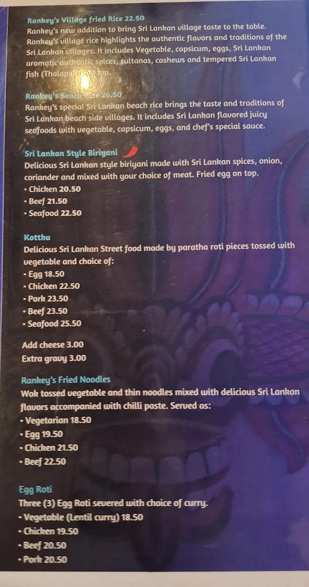 Menu, Sri Lankan Rankey's Zone Restaurant Cafe & Bar