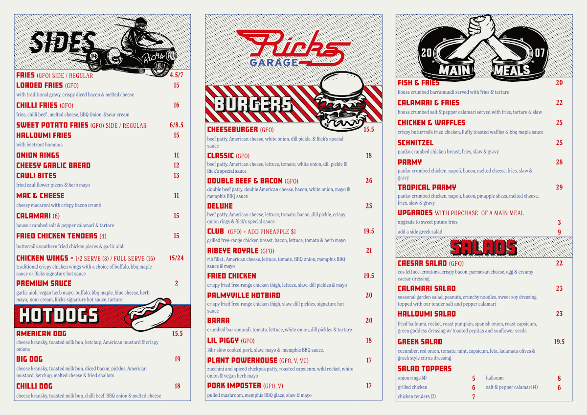 Menu, Ricks Garage