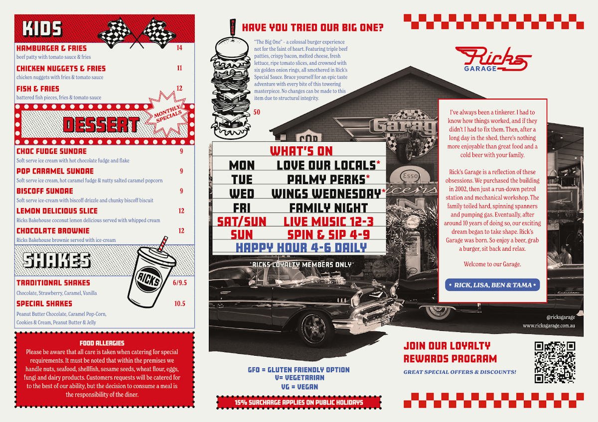 Menu, Ricks Garage