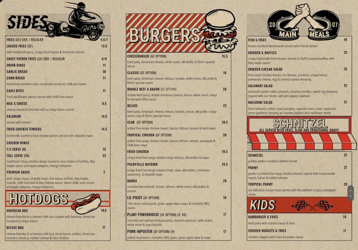 Menu, Ricks Garage
