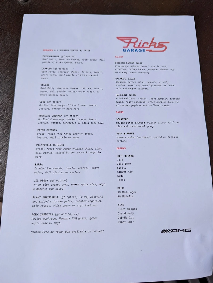 Menu, Ricks Garage