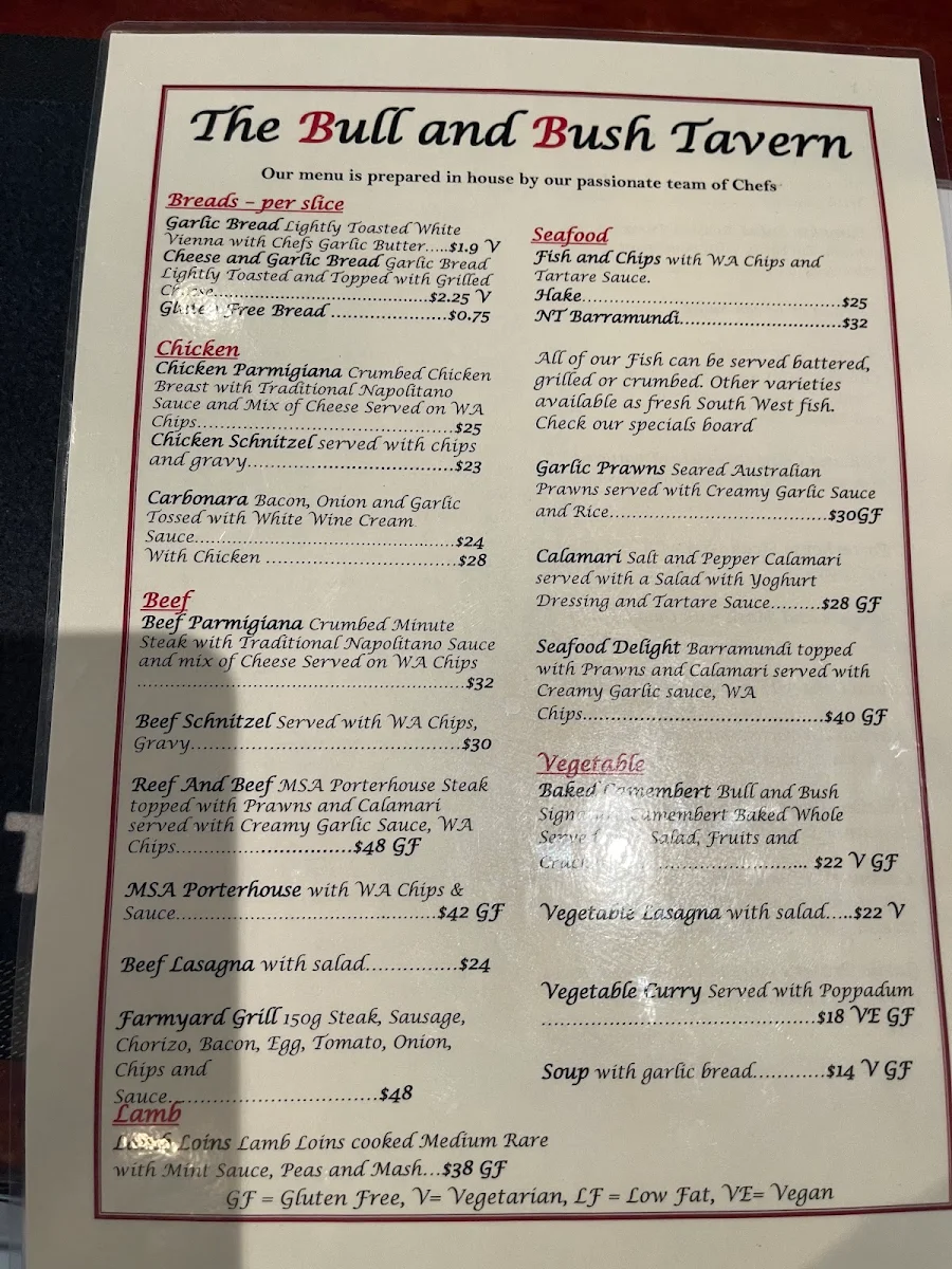 Menu, Boyanup Tavern