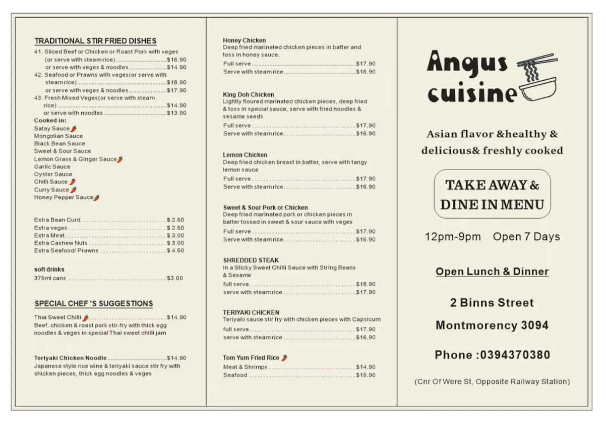 Menu, Angus cuisine