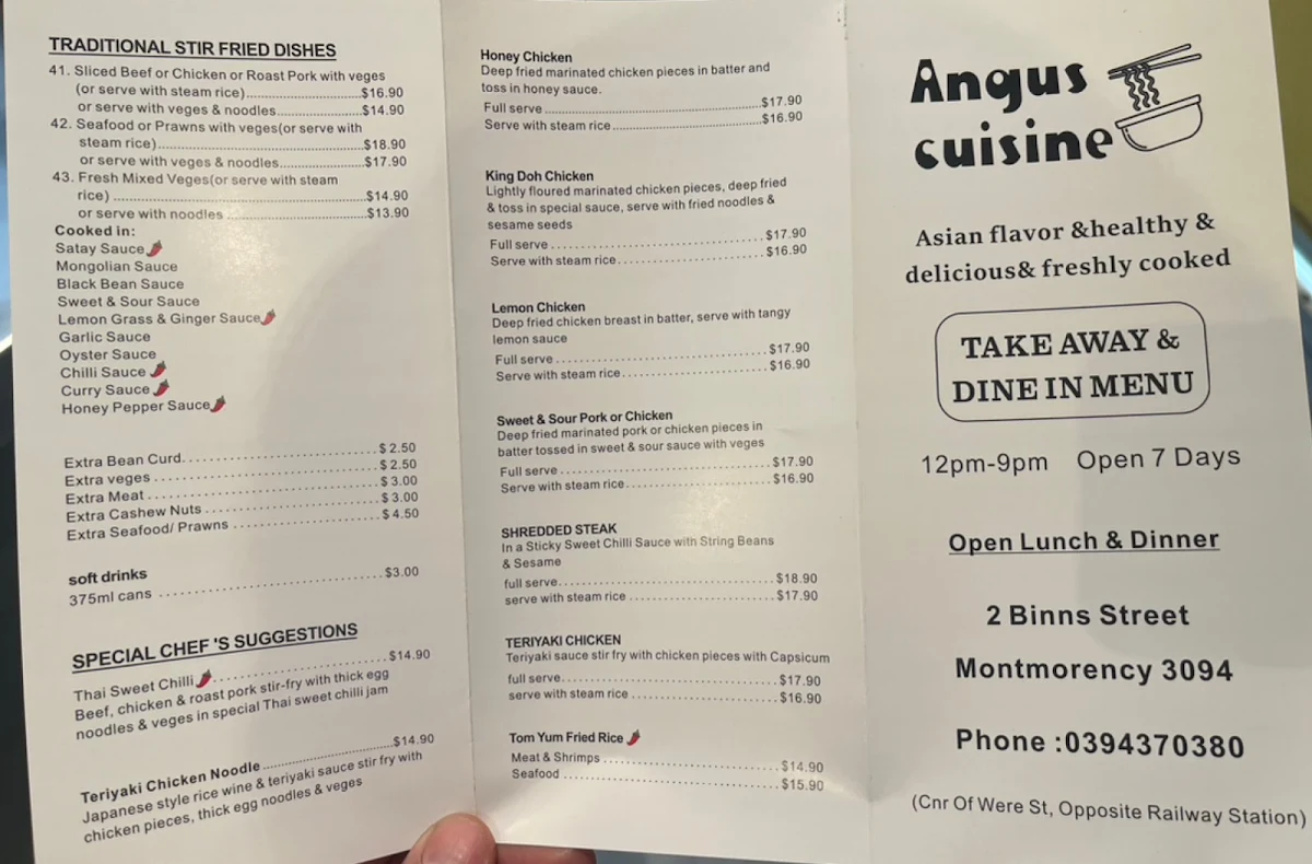 Menu, Angus cuisine