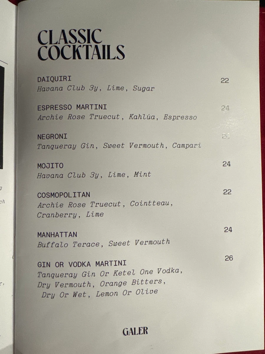 Menu, Bar Galer