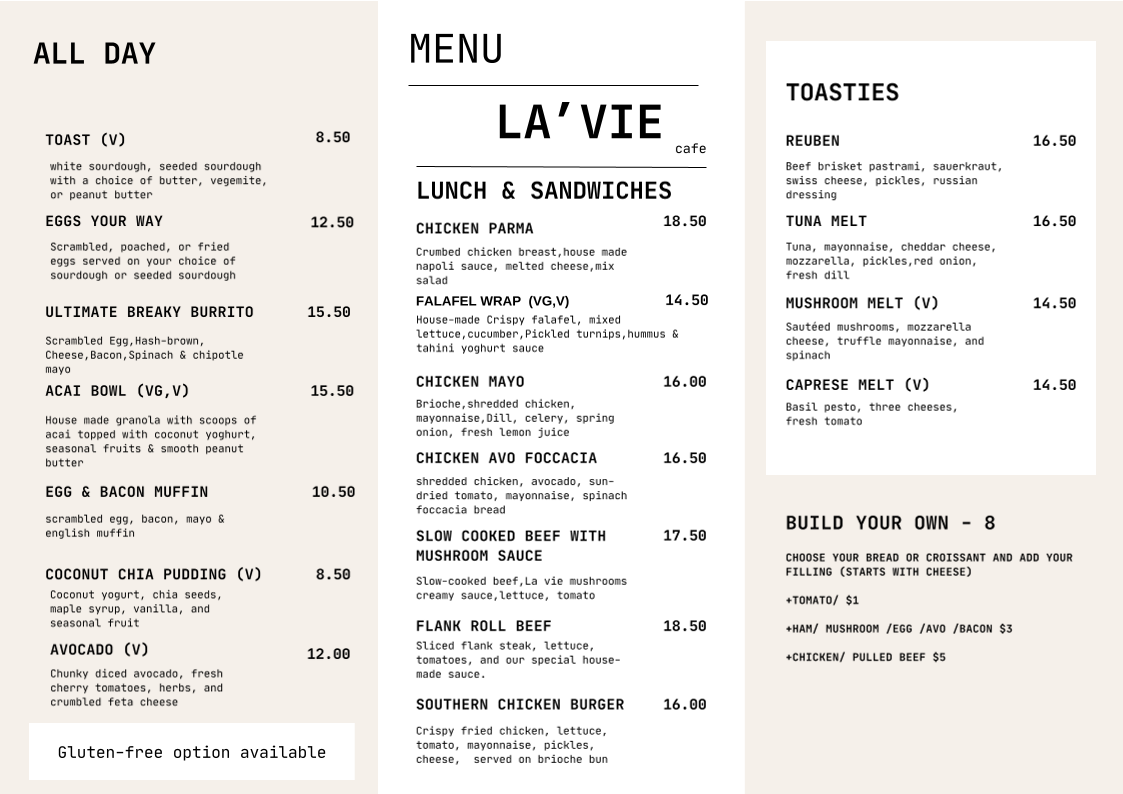 Menu, La Vie Cafe