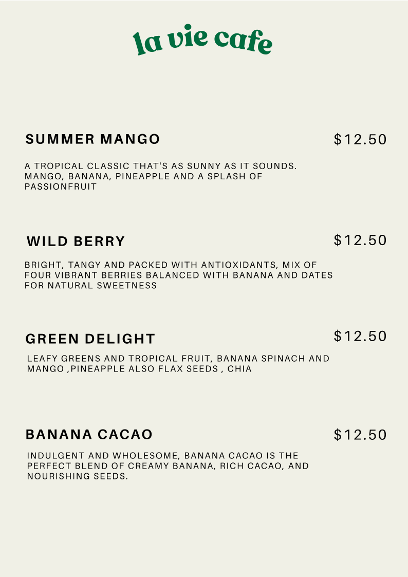Menu, La Vie Cafe