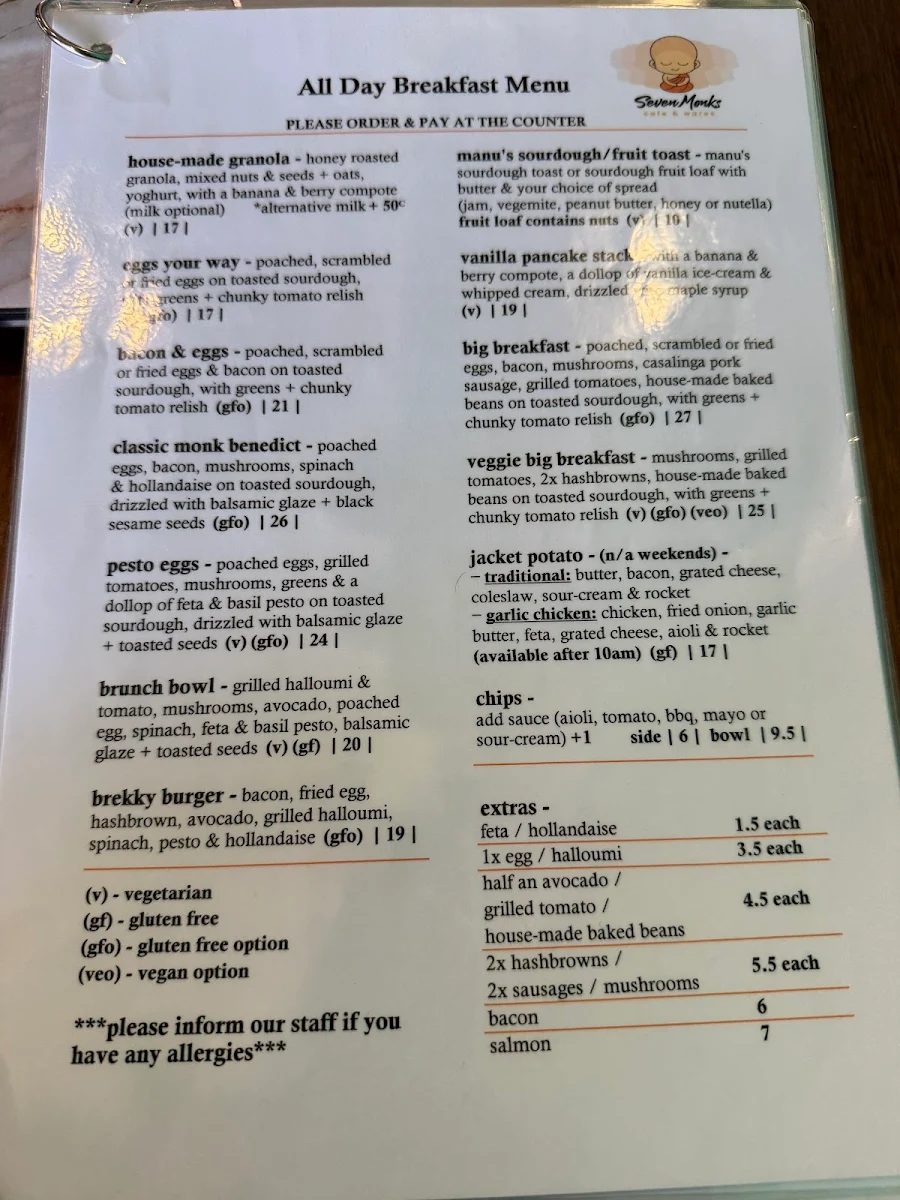 Menu, Seven Monks Cafe & Wares