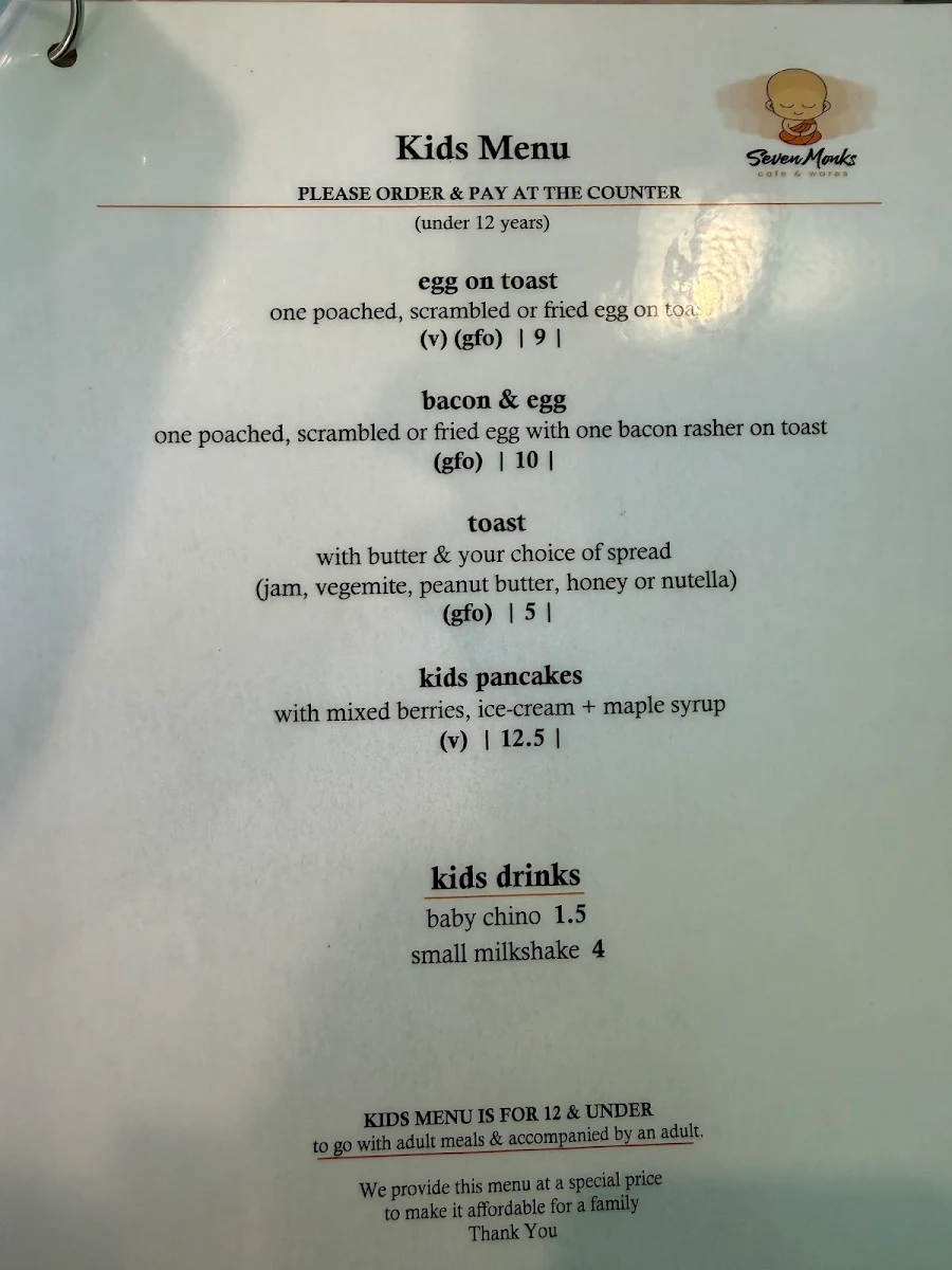 Menu, Seven Monks Cafe & Wares