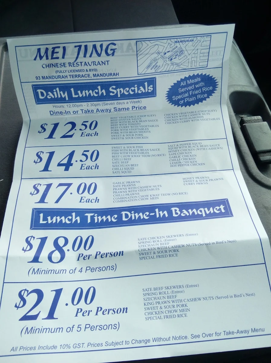 Menu, Mei Jing Chinese Restaurant
