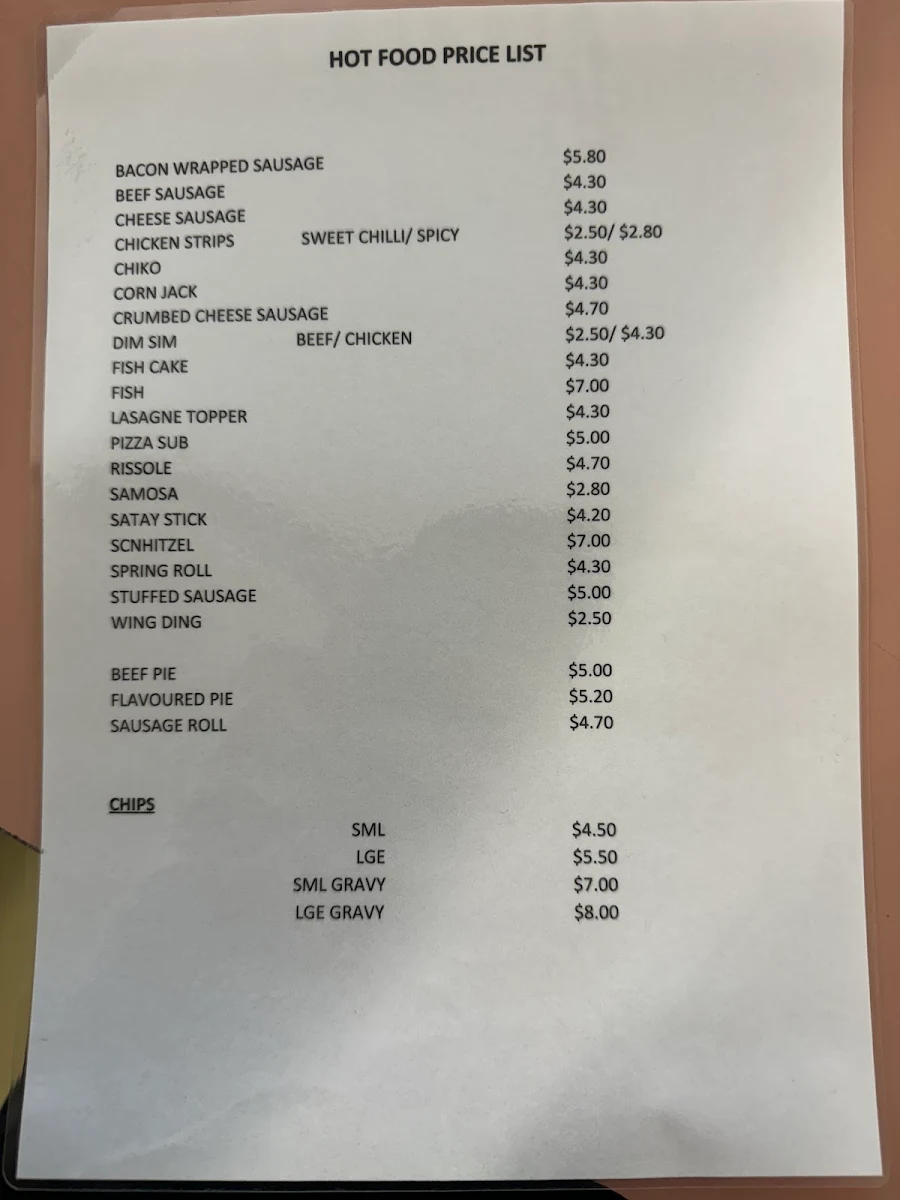 Menu, Cocos Park Lunch Bar