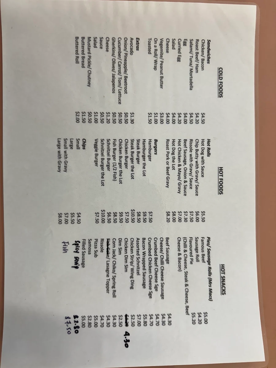Menu, Cocos Park Lunch Bar