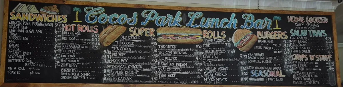 Menu, Cocos Park Lunch Bar