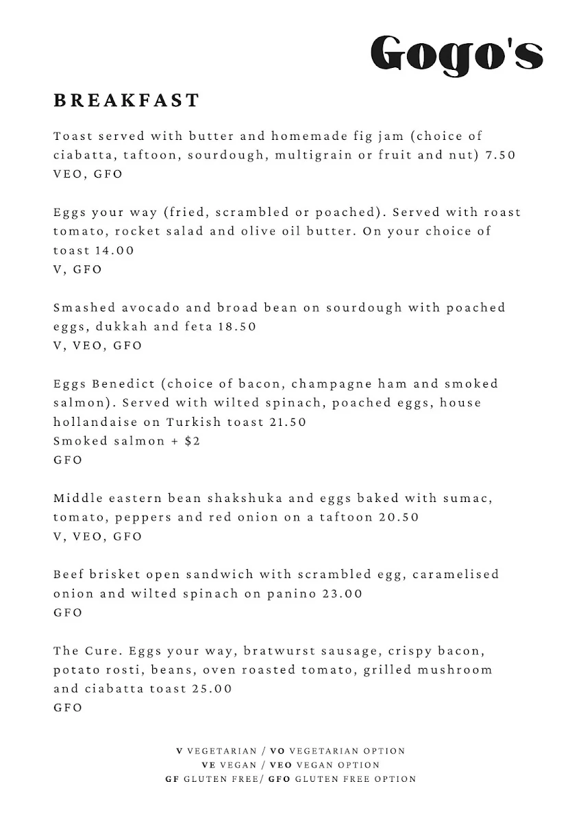 Menu, Gogo's