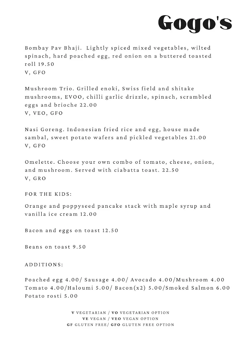 Menu, Gogo's