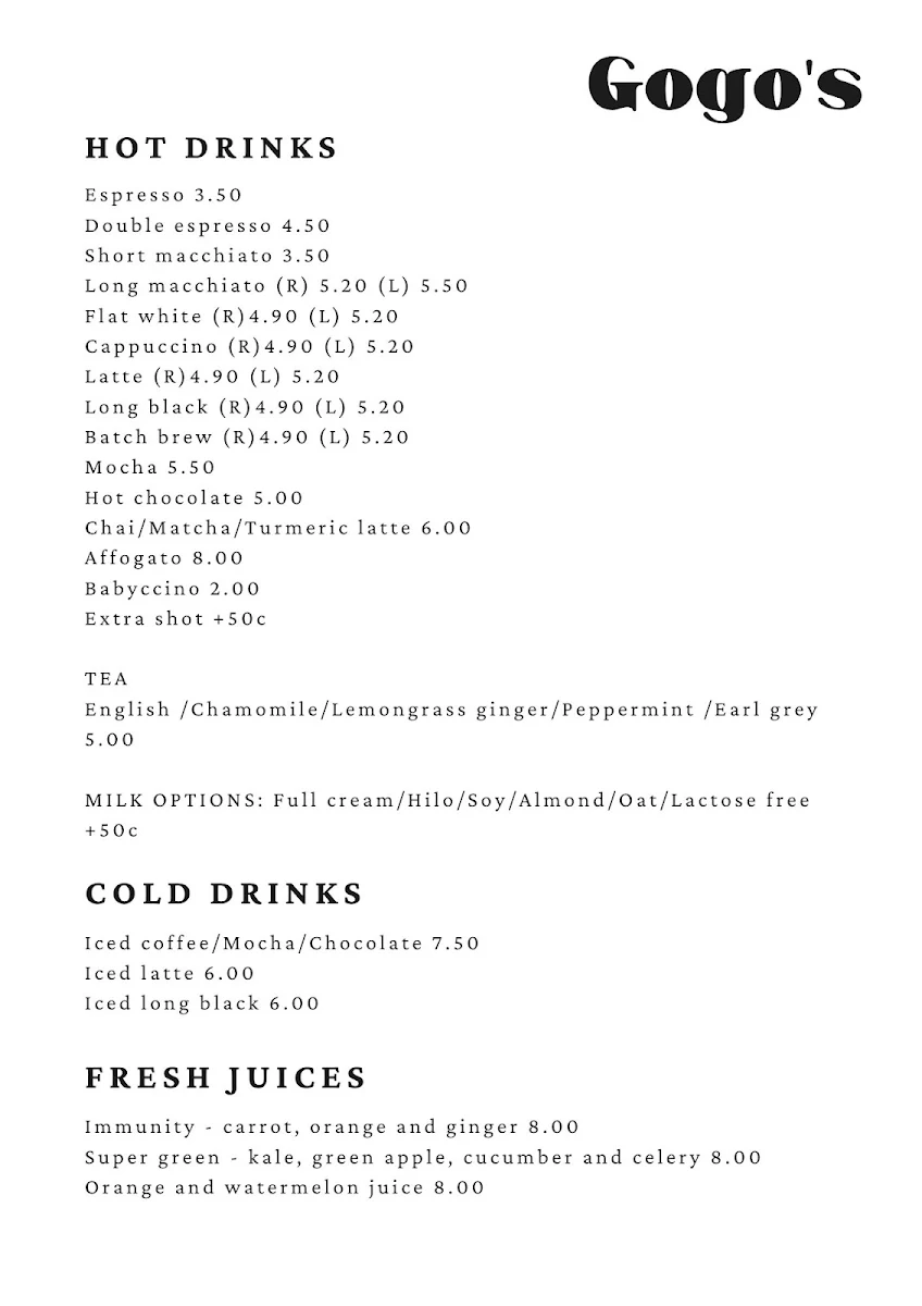 Menu, Gogo's