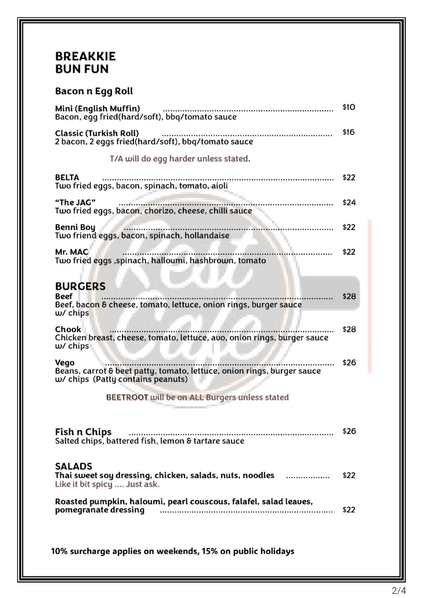 Menu, Rest Cafe