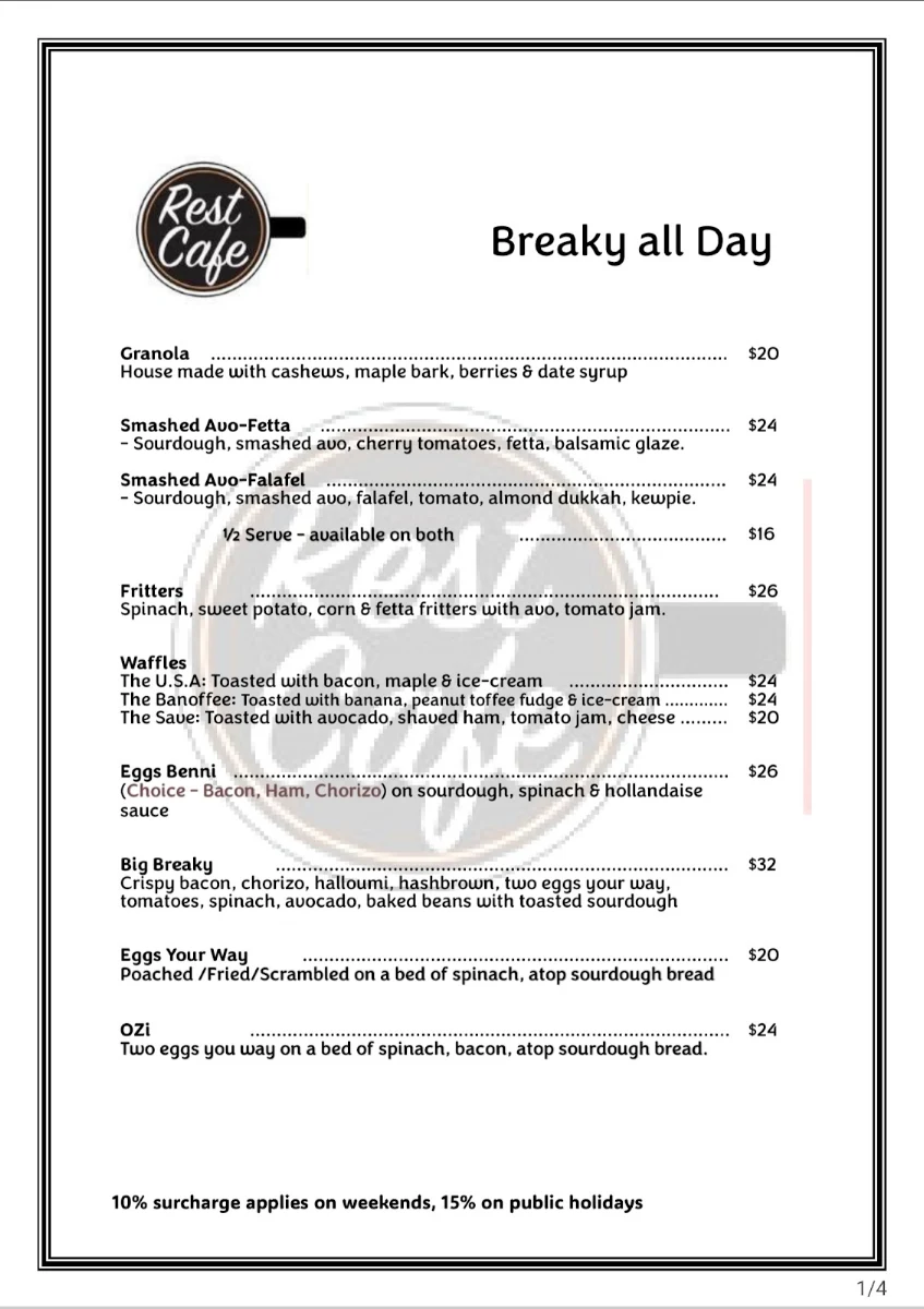 Menu, Rest Cafe