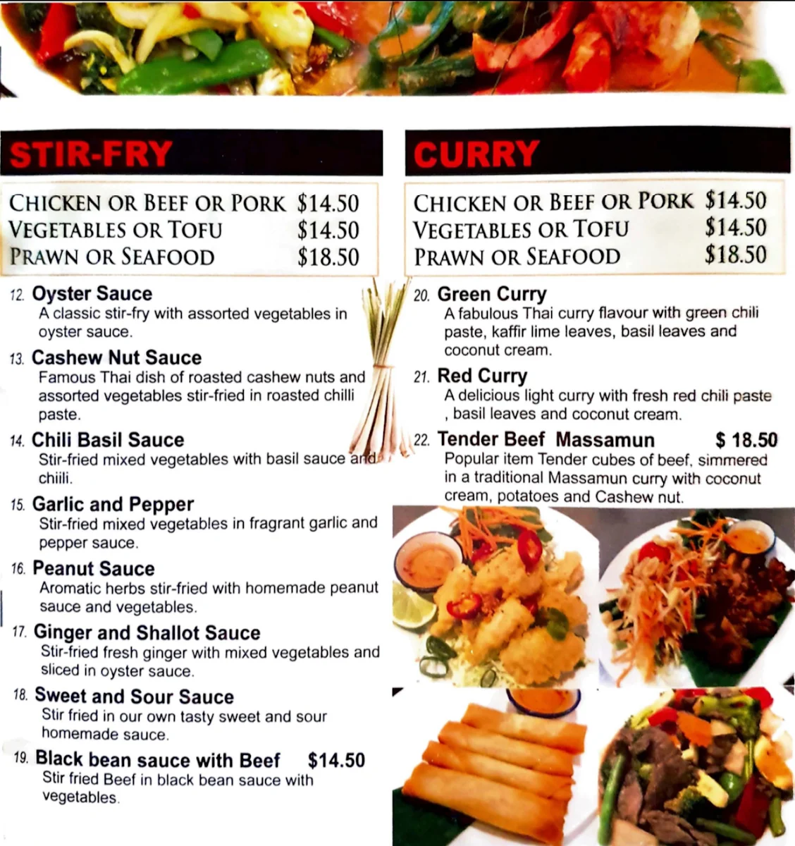 Menu, Secret Recipe Thai Restaurant