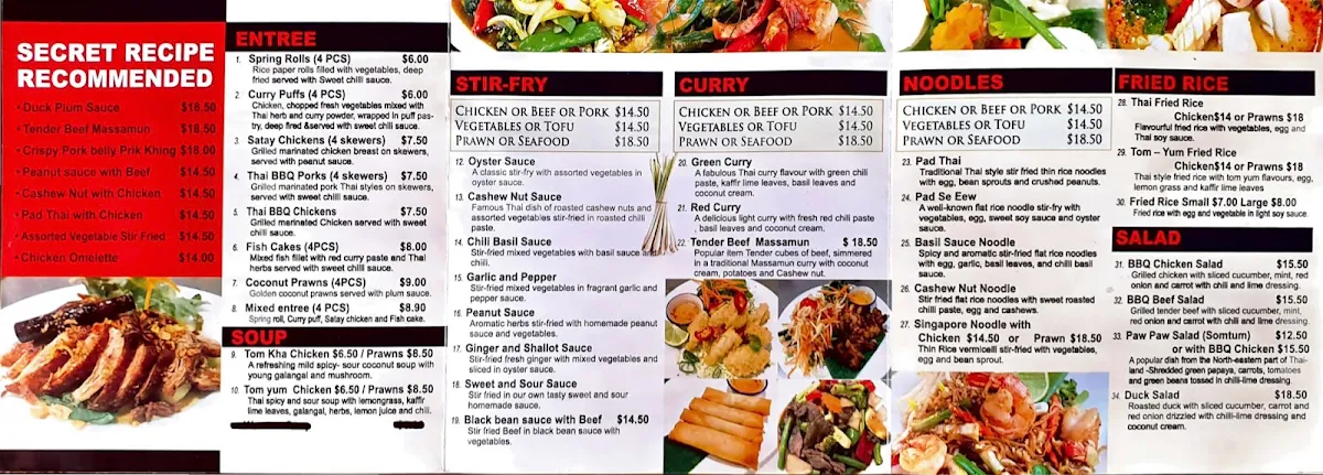 Menu, Secret Recipe Thai Restaurant