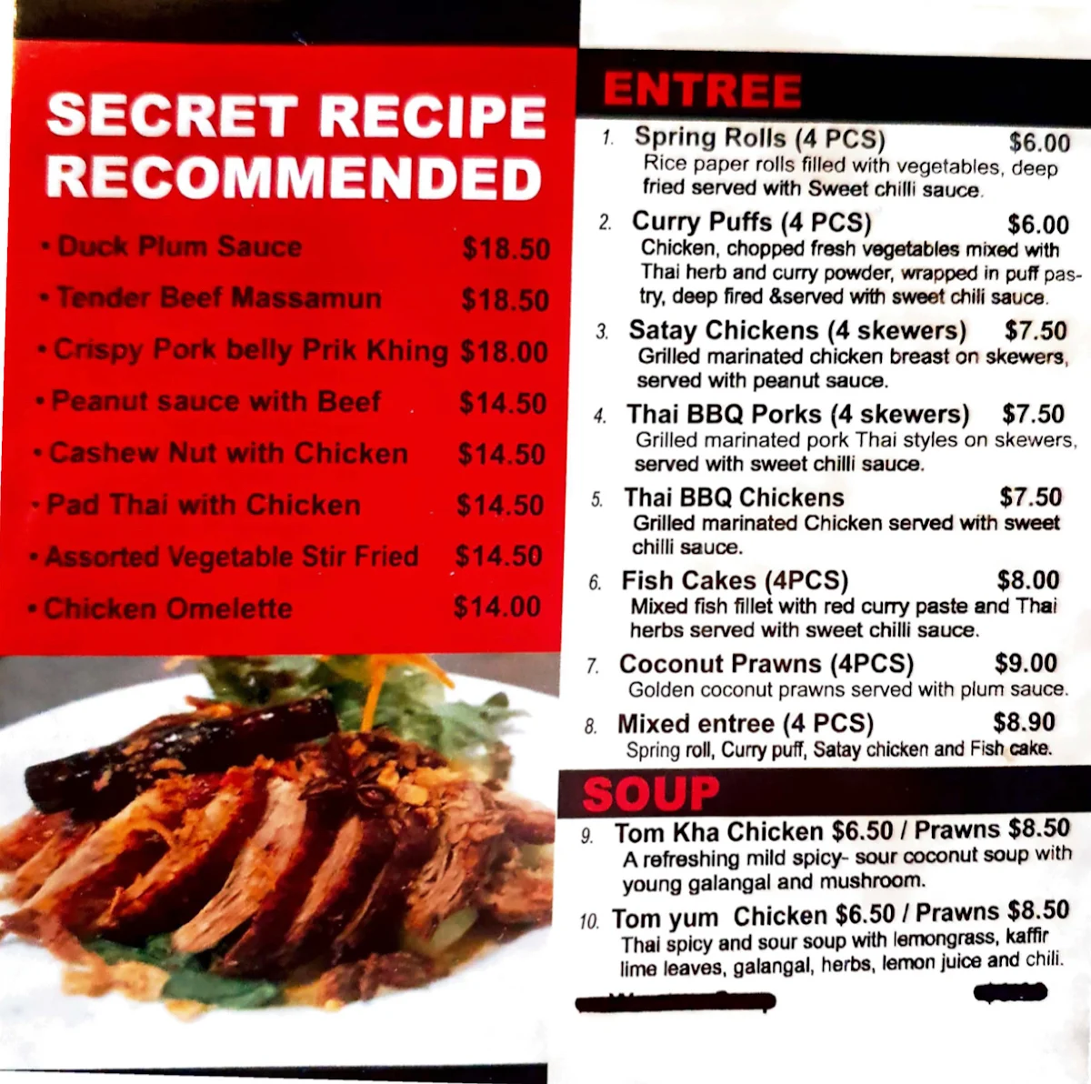 Menu, Secret Recipe Thai Restaurant