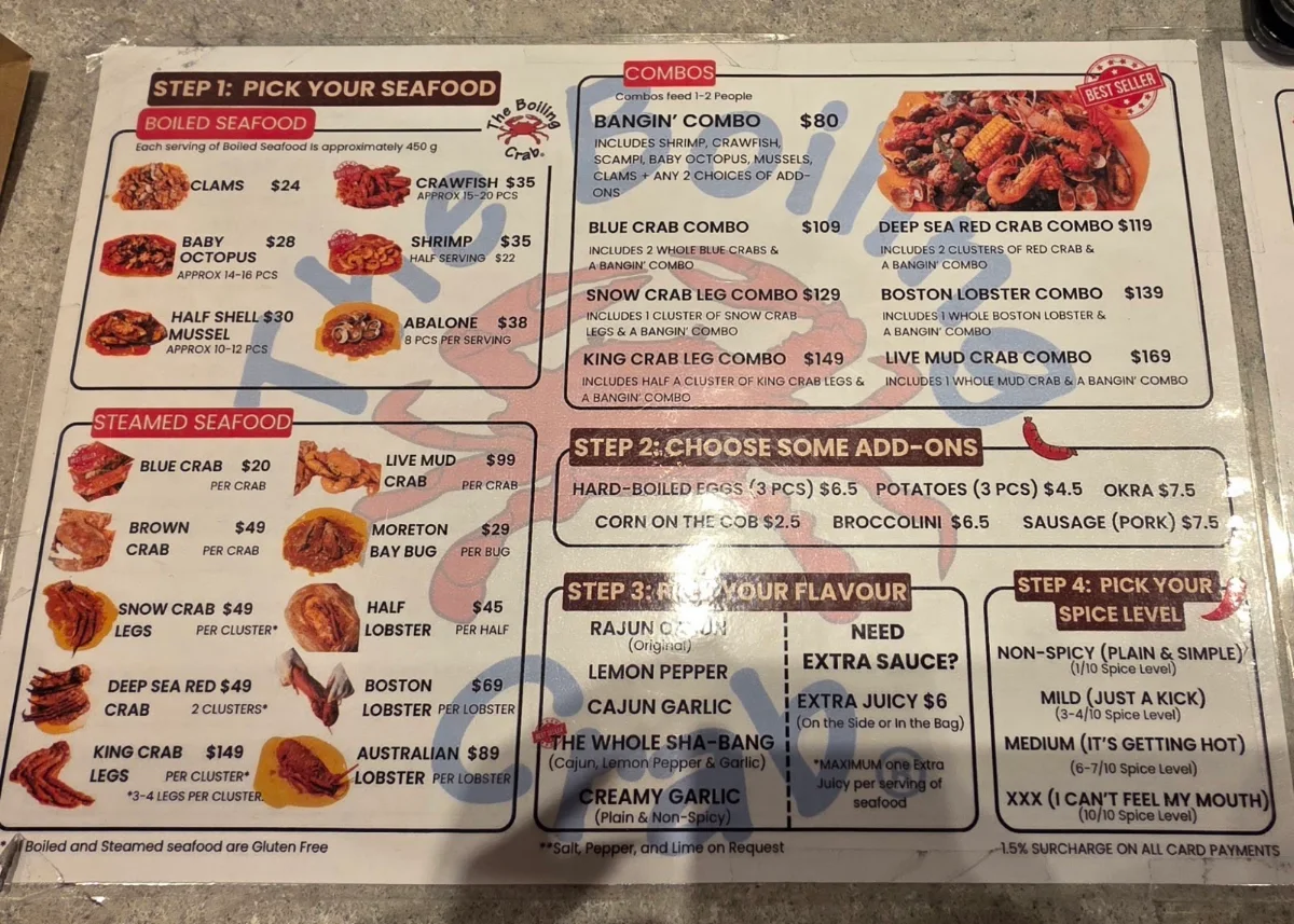 Menu, The Boiling Crab | Westfield Plenty Valley