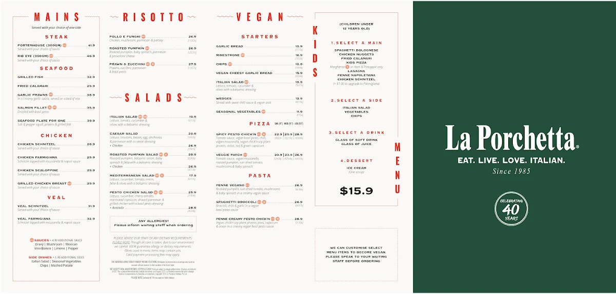Menu, La Porchetta - Italian Restaurant in Ballarat
