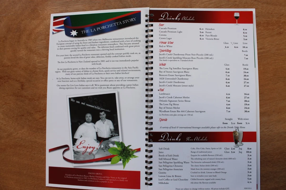 Menu, La Porchetta - Italian Restaurant in Ballarat