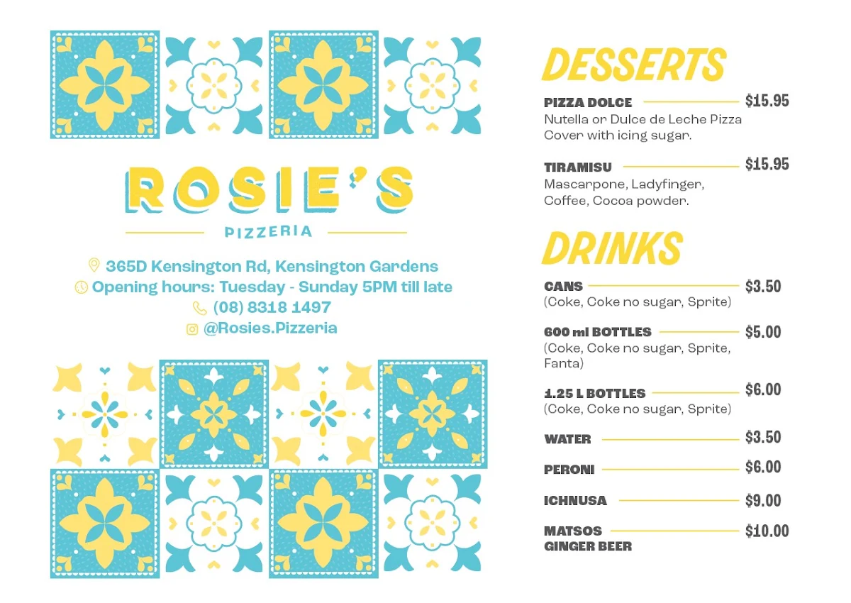 Menu, Rosie's Pizzeria