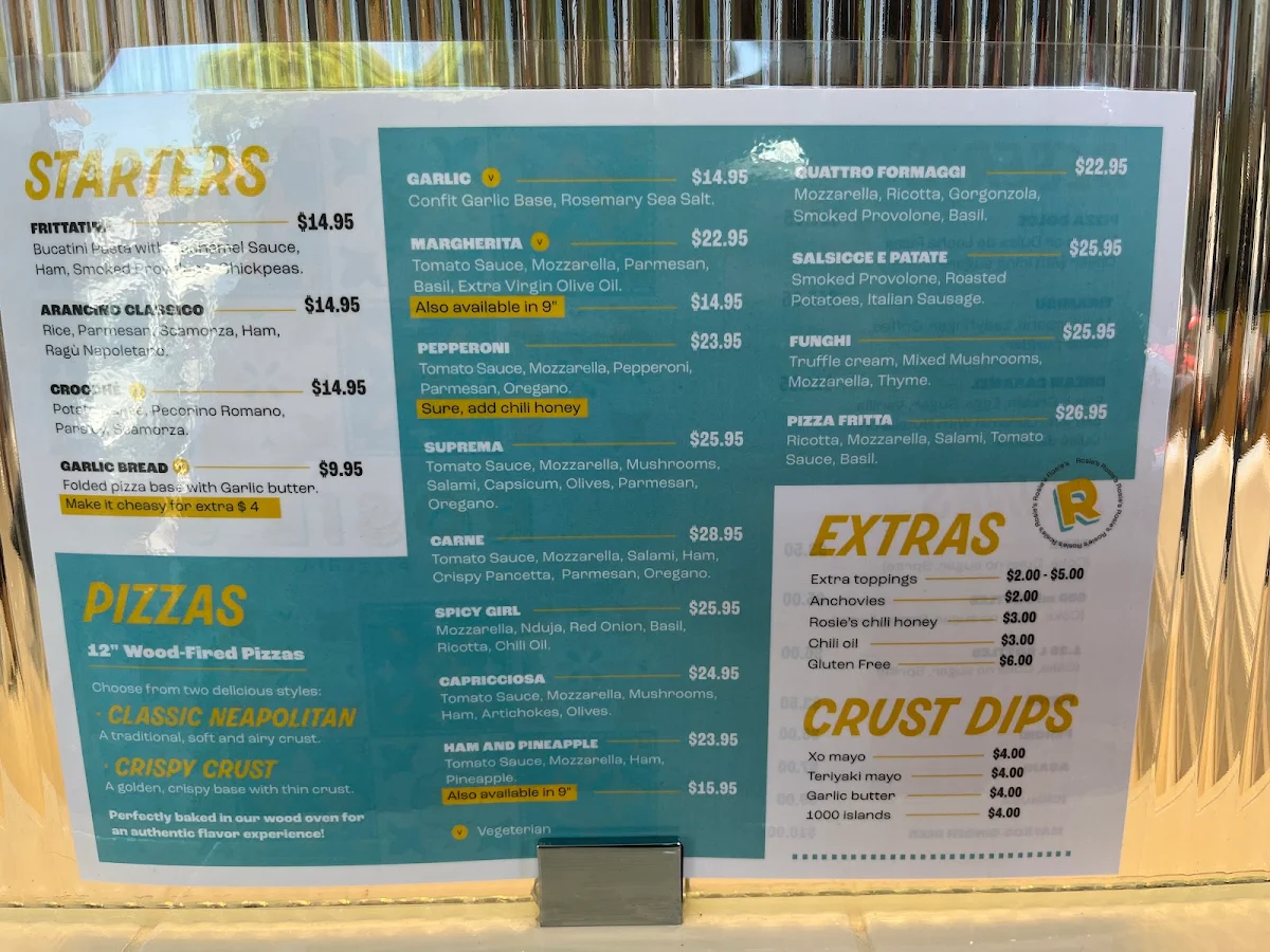 Menu, Rosie's Pizzeria