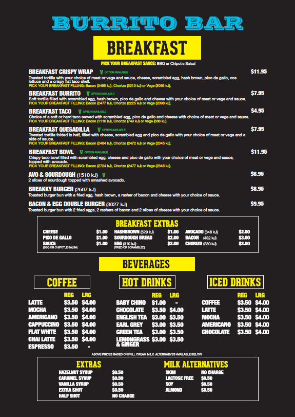 Menu, Burrito Bar Warwick