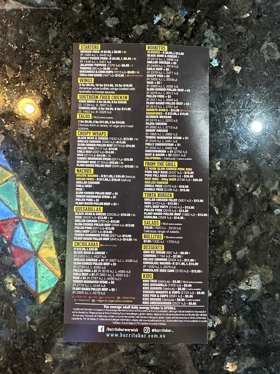 Menu, Burrito Bar Warwick