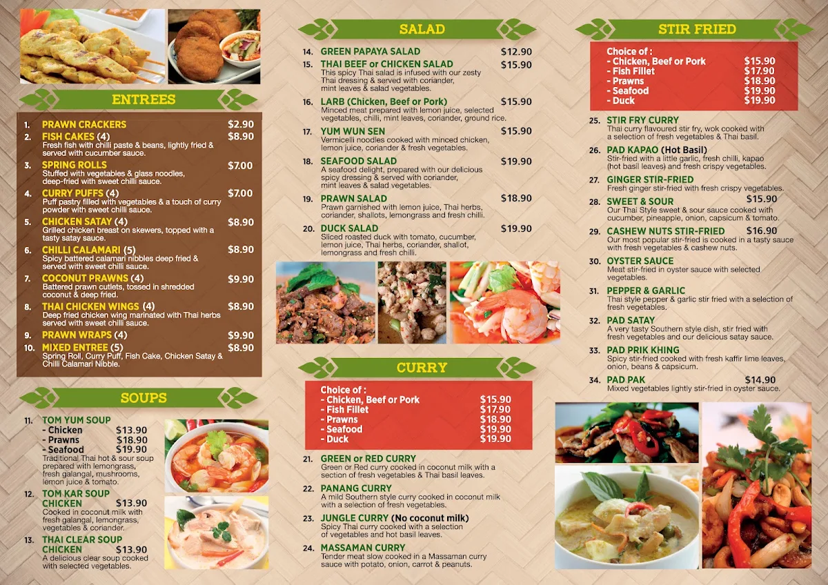 Menu, Edge Hill Thai & Laos Takeaway