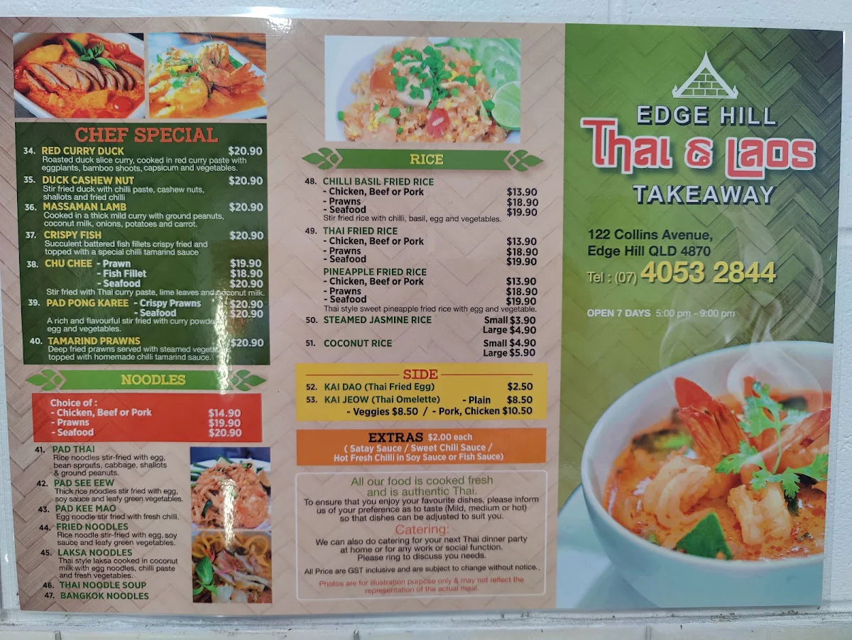 Menu, Edge Hill Thai & Laos Takeaway