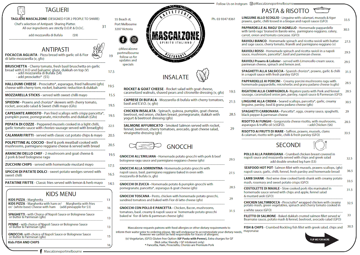Menu, Mascalzone Port Melbourne