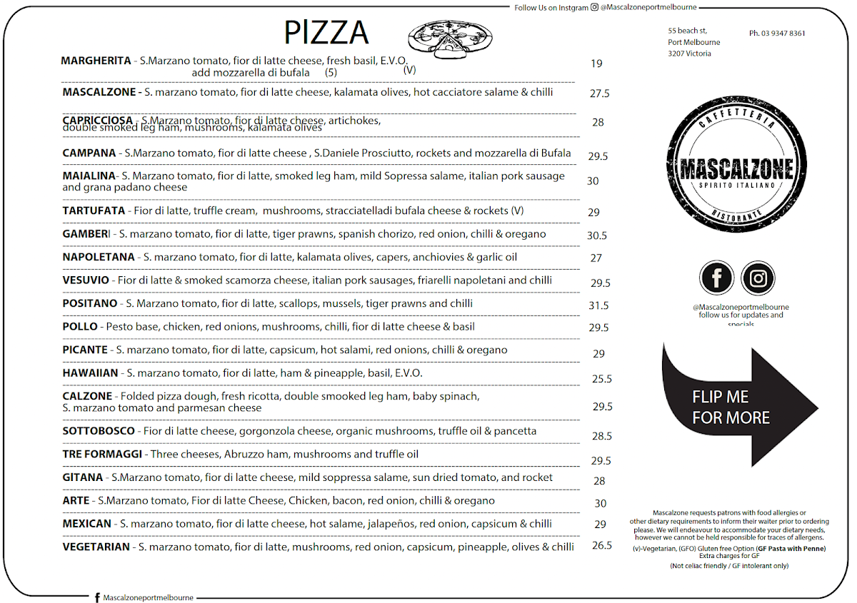 Menu, Mascalzone Port Melbourne