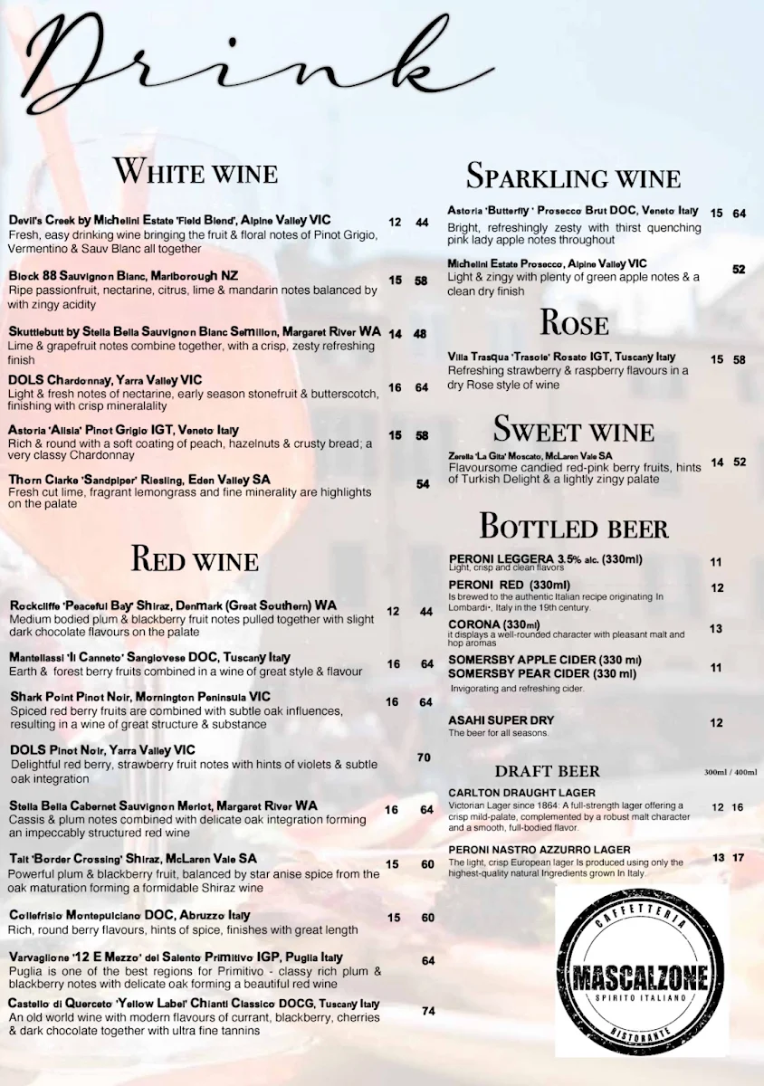 Menu, Mascalzone Port Melbourne