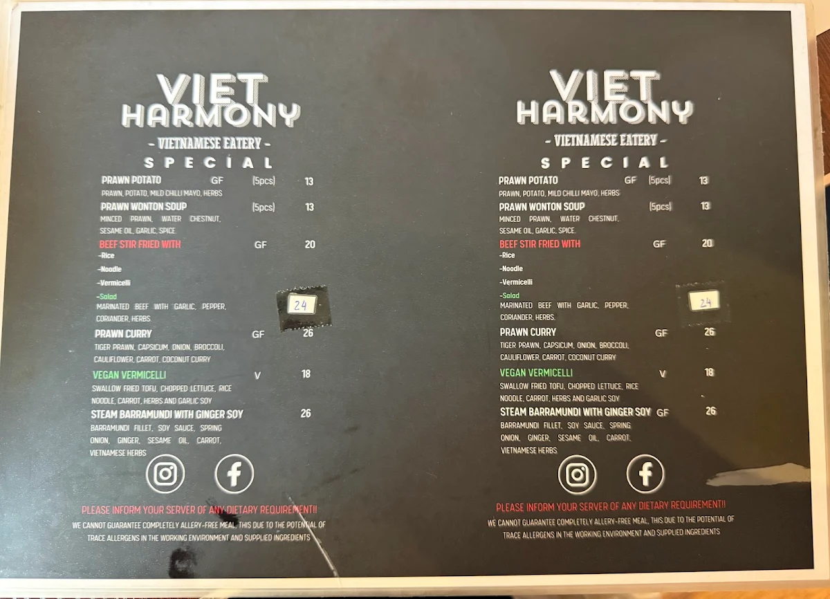 Menu, Viet Harmony Flemington