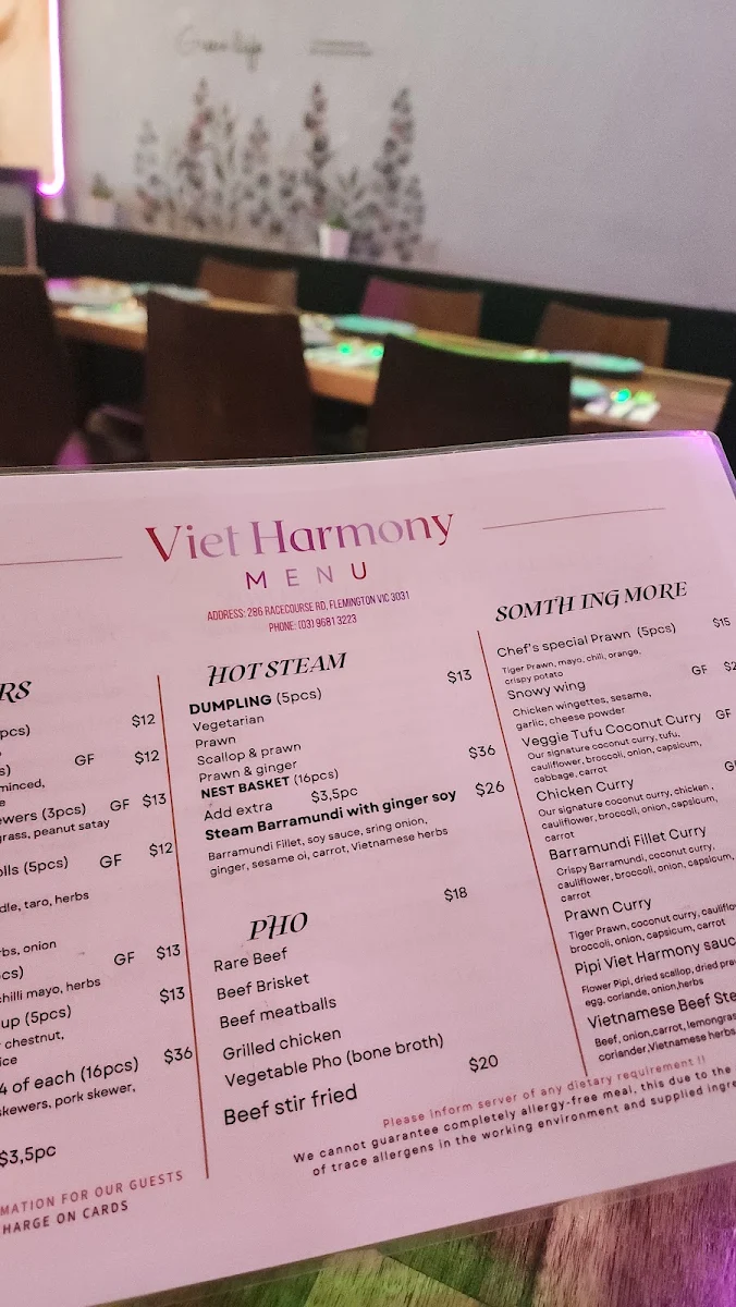 Menu, Viet Harmony Flemington